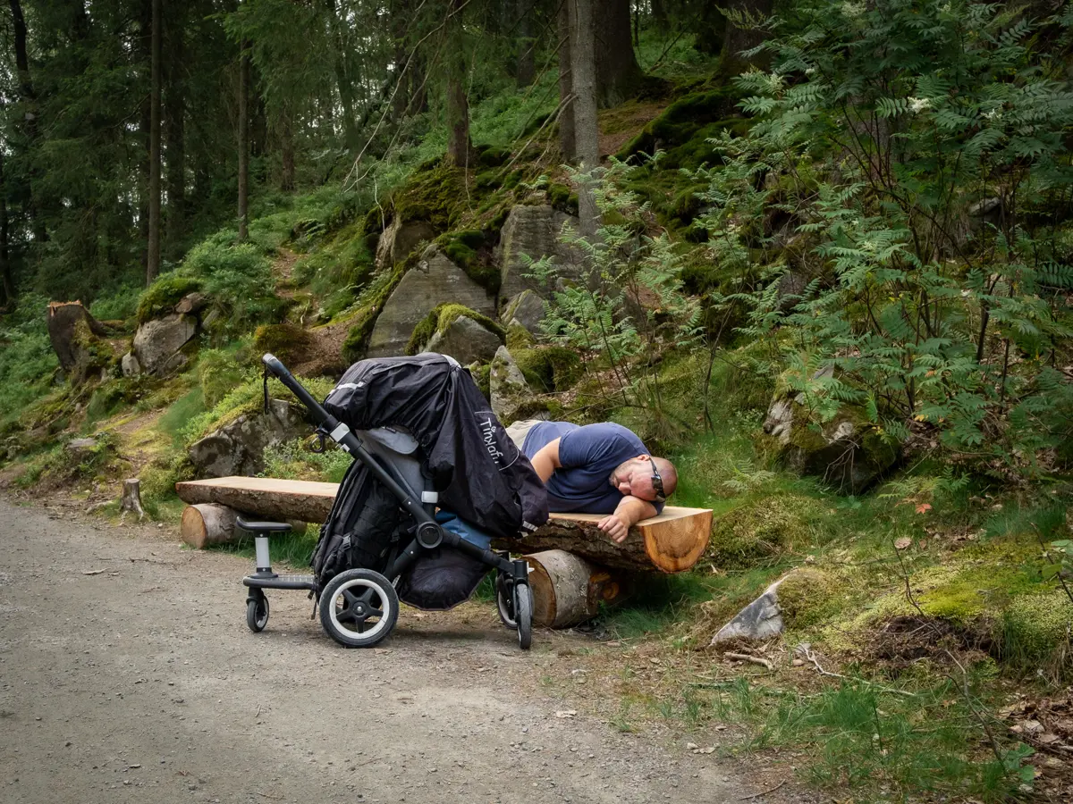Man who fell asleep on a bench in the zoo while looking after a sleeping toddler.