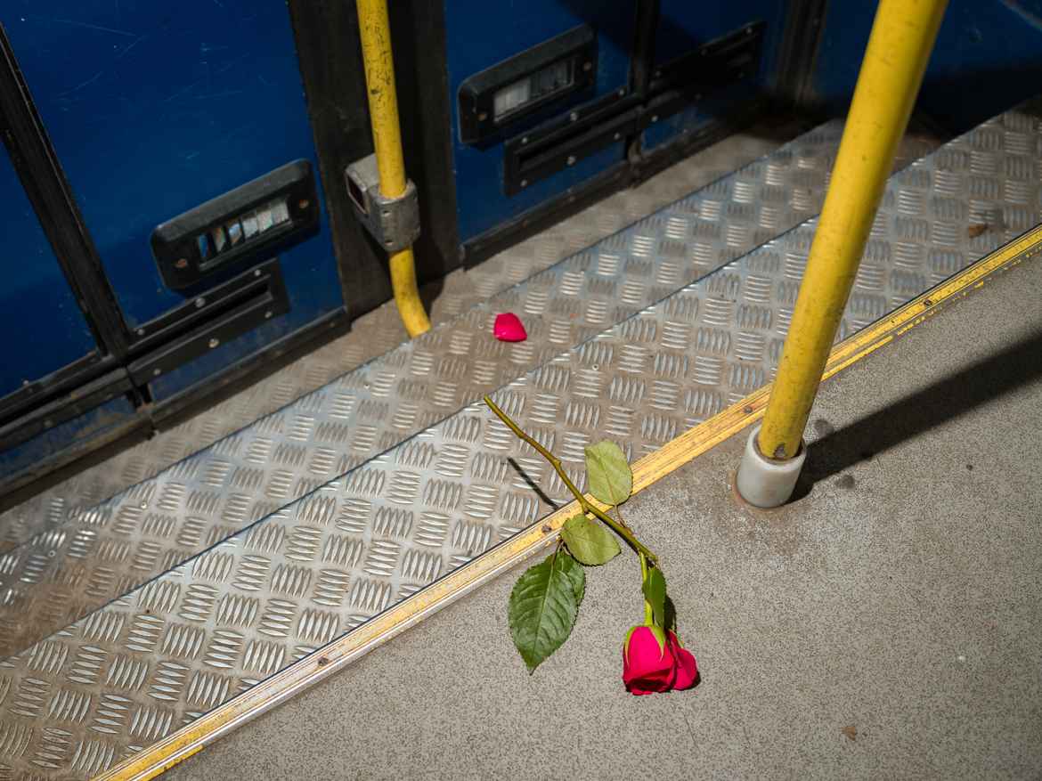 A single rose that someone's dropped on the tram floor.