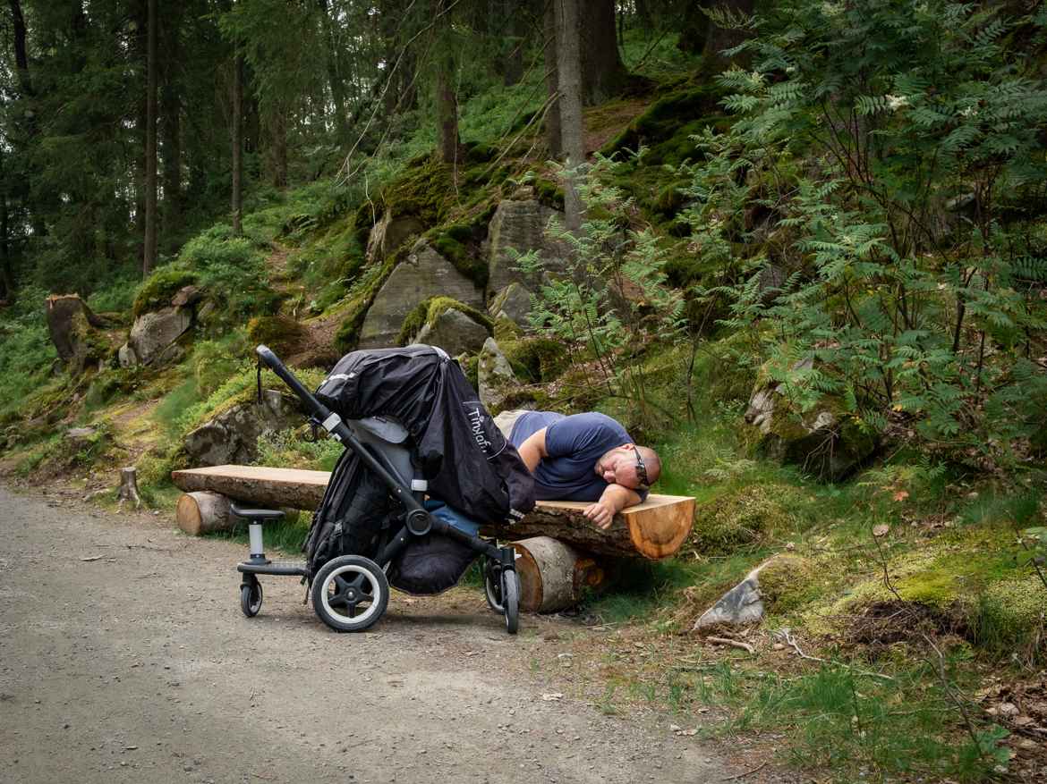 Man who fell asleep on a bench in the zoo while looking after a sleeping toddler.